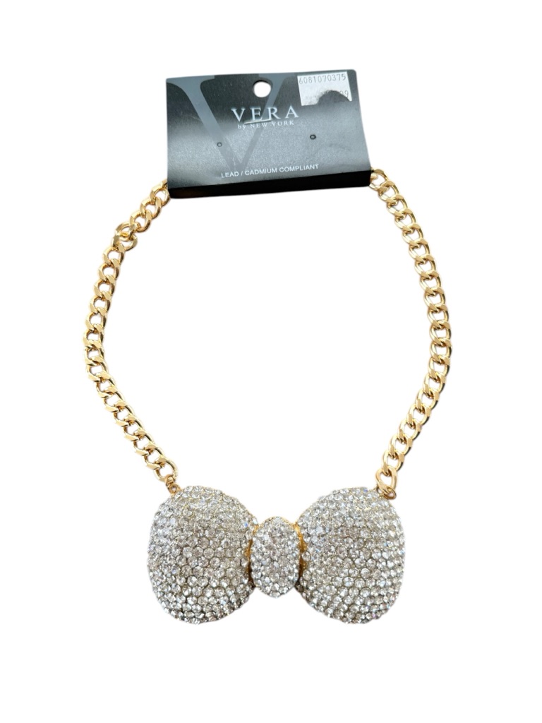 Scene Kid Rhinestone Bow Tie Necklace Gold Tone Pave Statement 2010s Emo Nwt